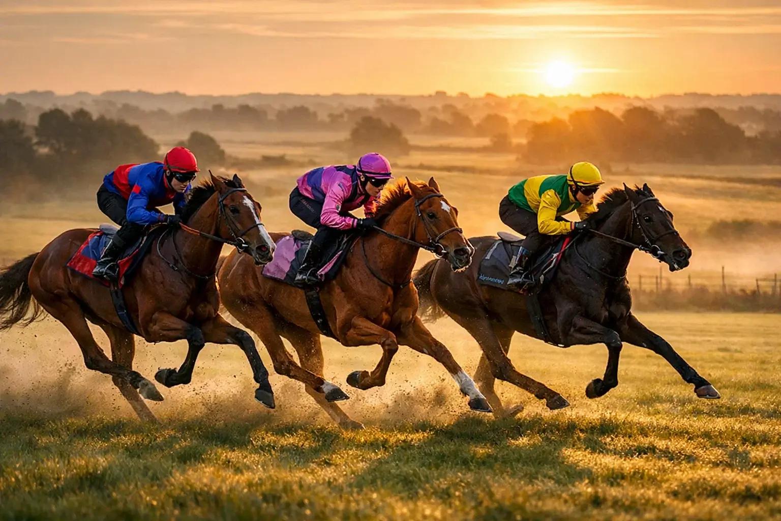 Thoroughbred fillies training on Newmarket gallops before 1000 Guineas